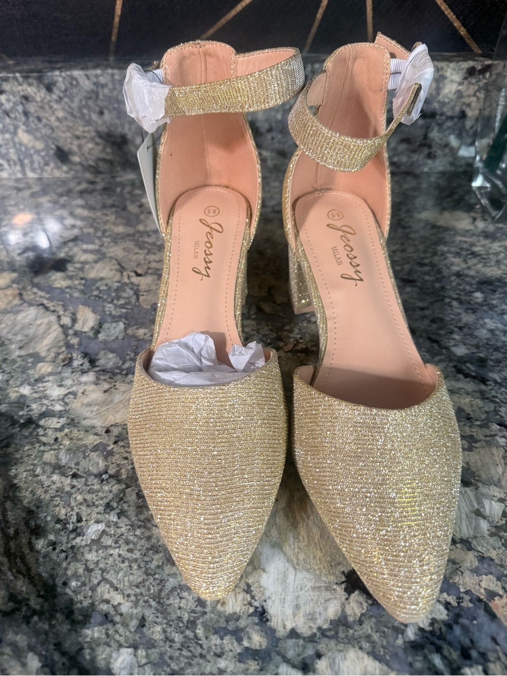 Gold Glitter Pointed-Toe Ankle-Strap Heels for Women